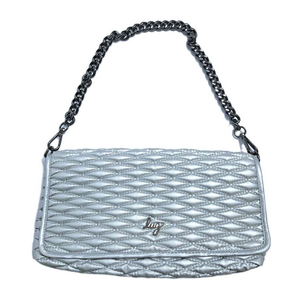 Lug Strut Metallic Quilted Shoulder Bag Chain Strap Metallic Pearl Purse Hobo